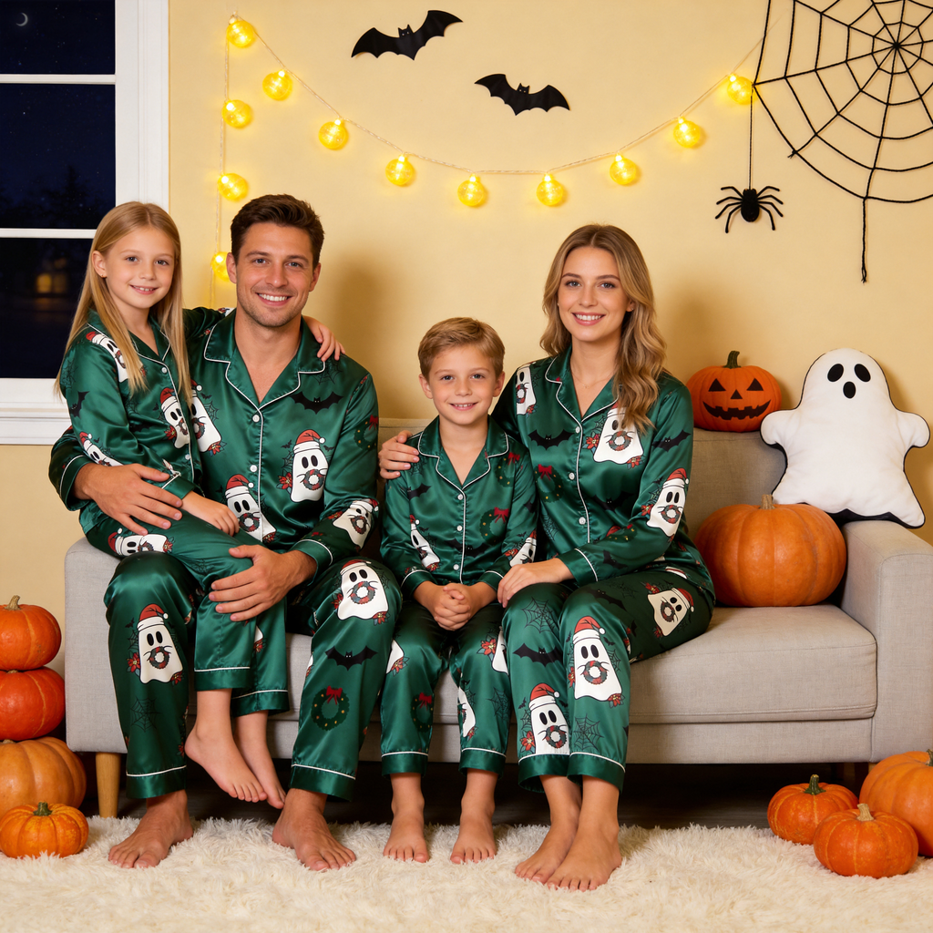 Green Ghost & Wreath Print Satin Button-Up Family Halloween Pajamas Set