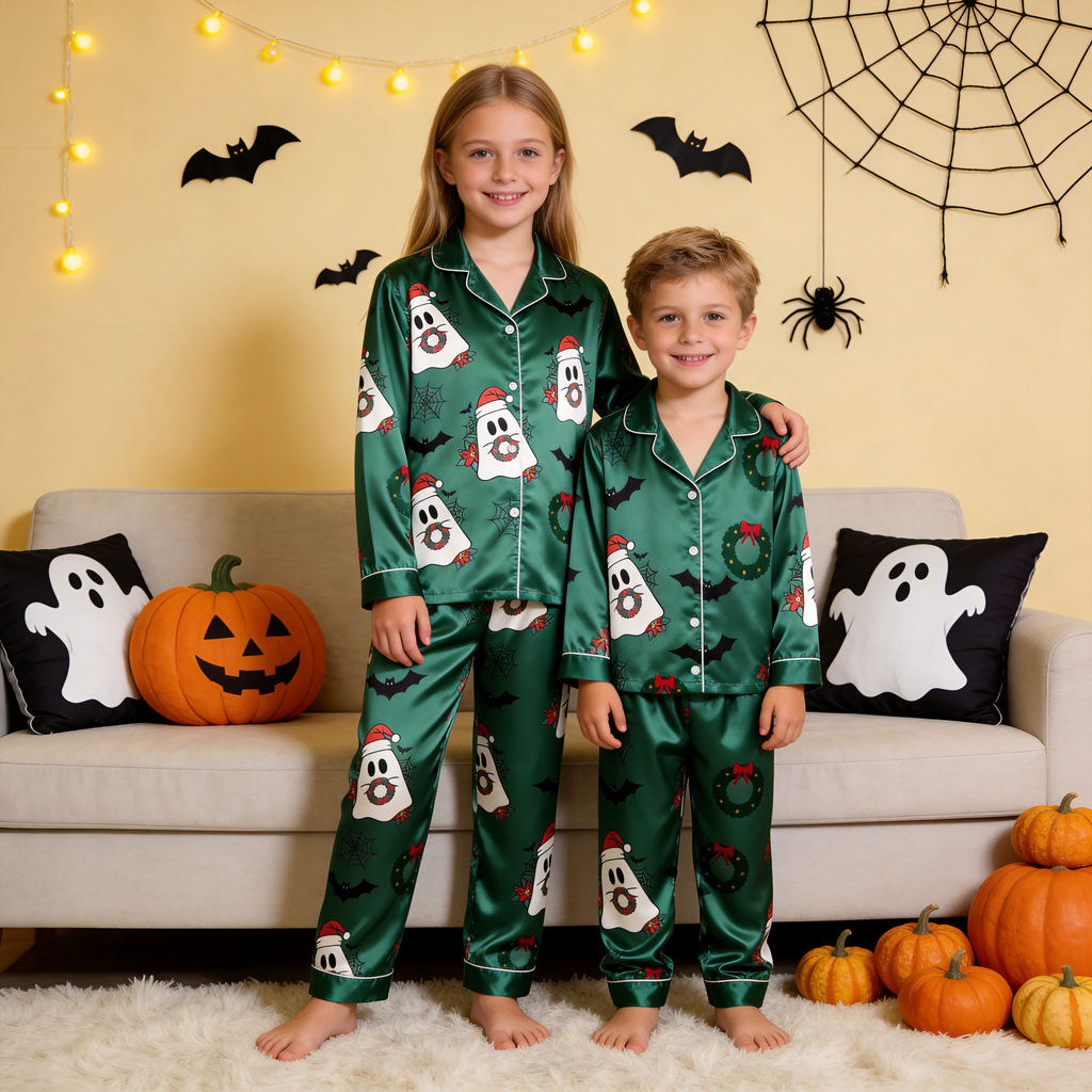 Green Ghost & Wreath Print Satin Button-Up Family Halloween Pajamas Set