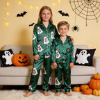 Green Ghost & Wreath Print Satin Button-Up Family Halloween Pajamas Set