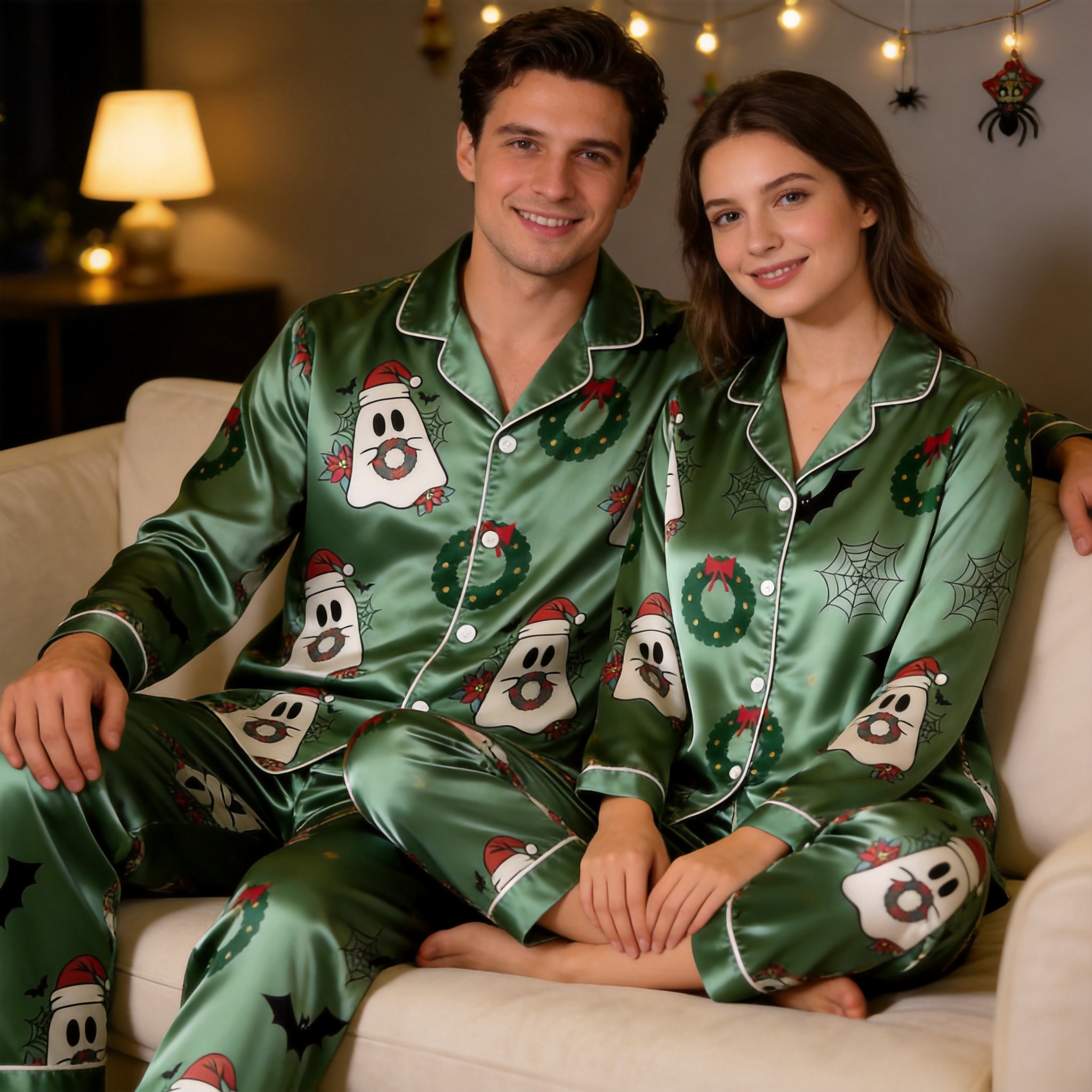 Spooky Holiday Print Satin Matching Pajamas for Couples ¨C Long Sleeve Button-Down Top & Pants Sleepwear Set