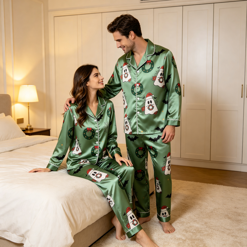 Spooky Holiday Print Satin Matching Pajamas for Couples ¨C Long Sleeve Button-Down Top & Pants Sleepwear Set