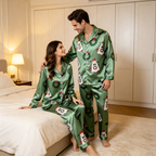 Spooky Holiday Print Satin Matching Pajamas for Couples ¨C Long Sleeve Button-Down Top & Pants Sleepwear Set