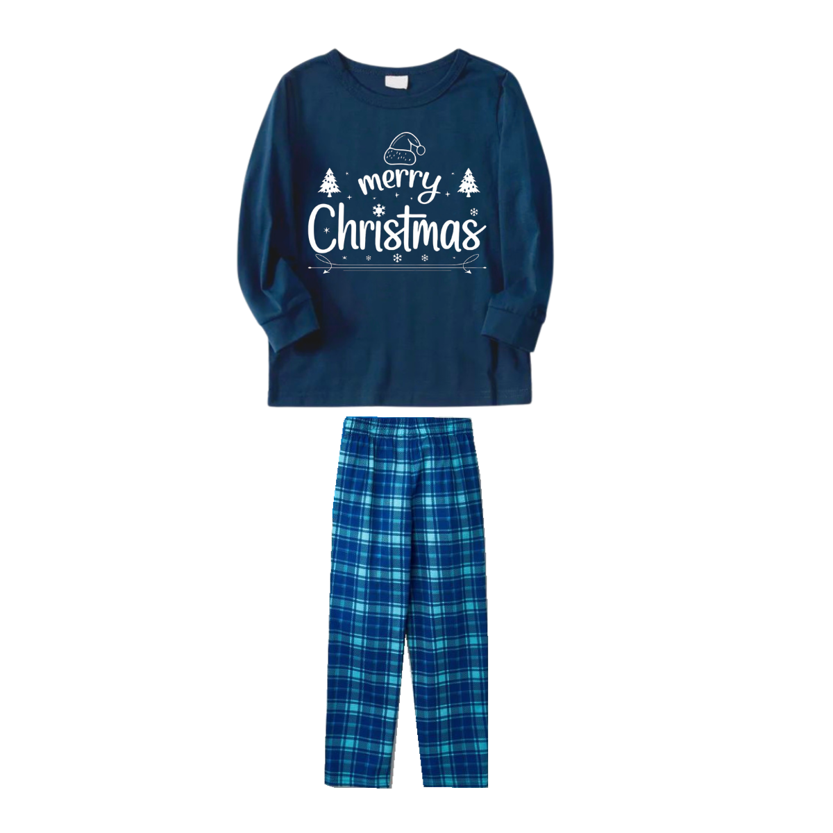 "Merry Christmas" White Letter 2026 Blue Long Sleeve Top With Blue Plaid Couple Matching Pajamas