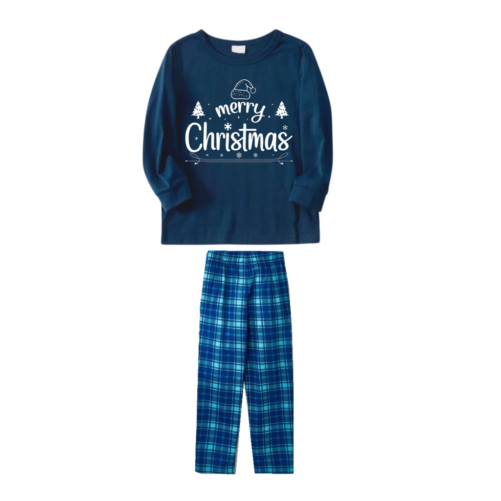 "Merry Christmas" White Letter 2026 Blue Long Sleeve Top With Blue Plaid Family Matching Pajamas