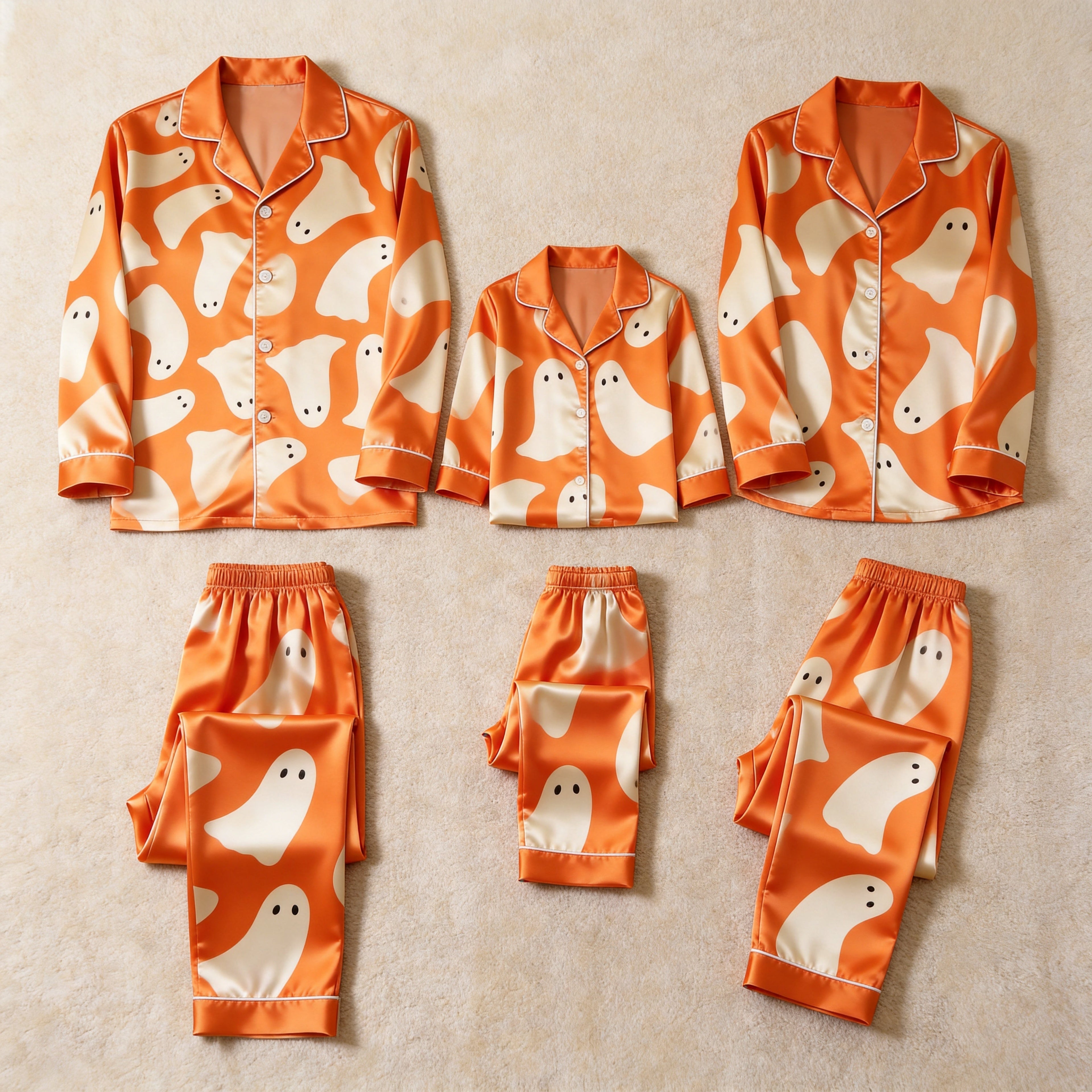 Orange Ghost Print Satin Button-Up Family Halloween Pajamas Set