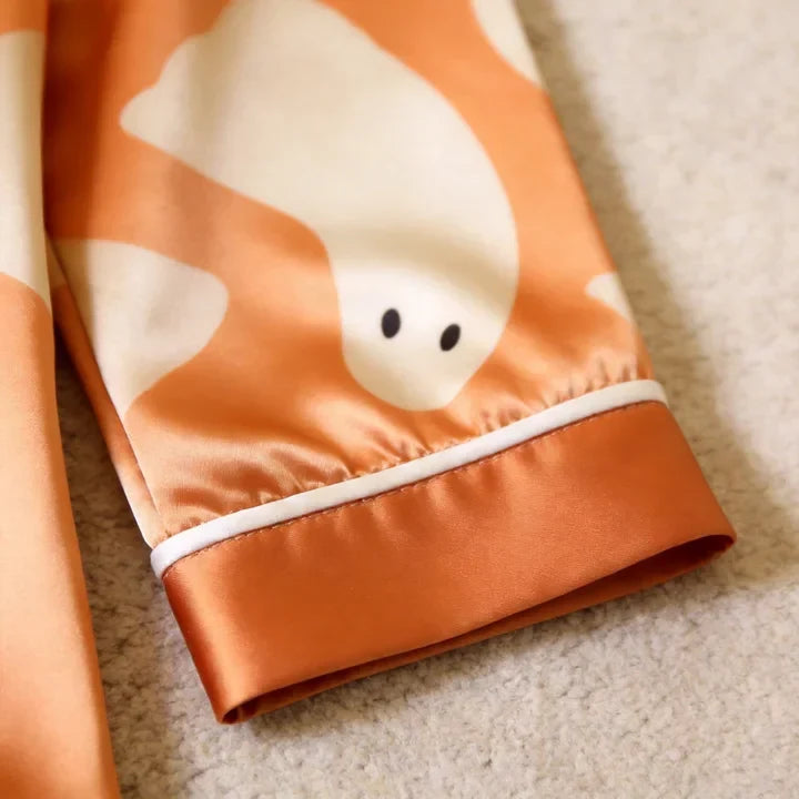 Orange Ghost Print Satin Button-Up Family Halloween Pajamas Set