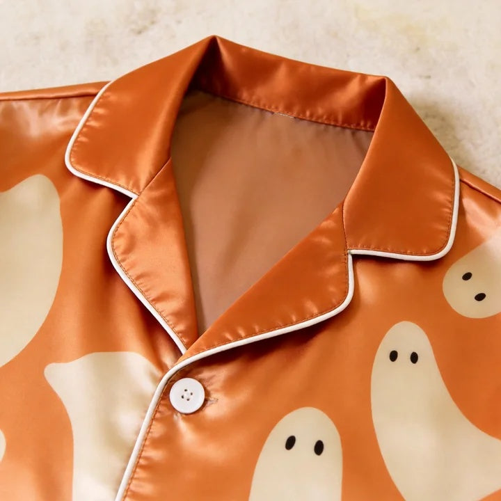 Orange Ghost Print Satin Button-Up Family Halloween Pajamas Set