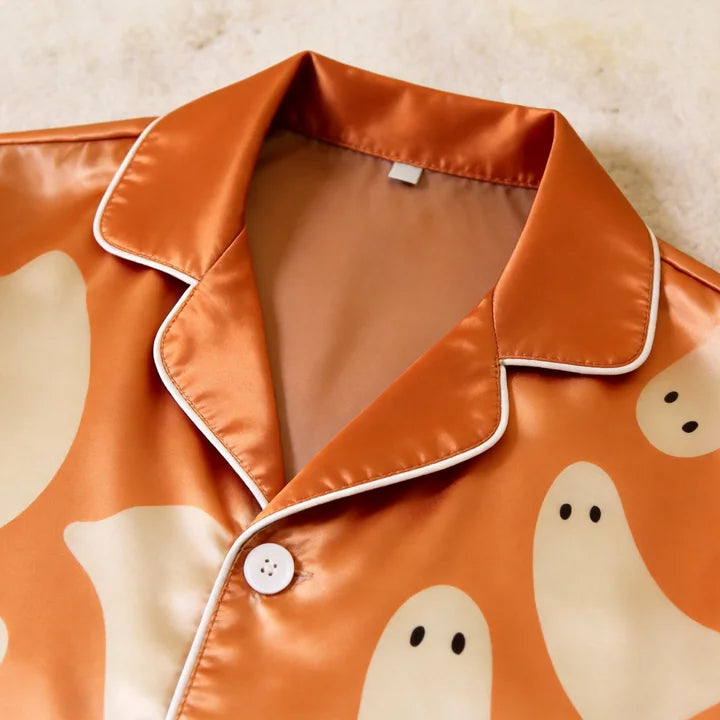 Ghost Print Satin Matching Pajamas for Couples ¨C Long Sleeve Button-Down Top & Pants Sleepwear Set