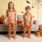 Orange Ghost Print Satin Button-Up Family Halloween Pajamas Set