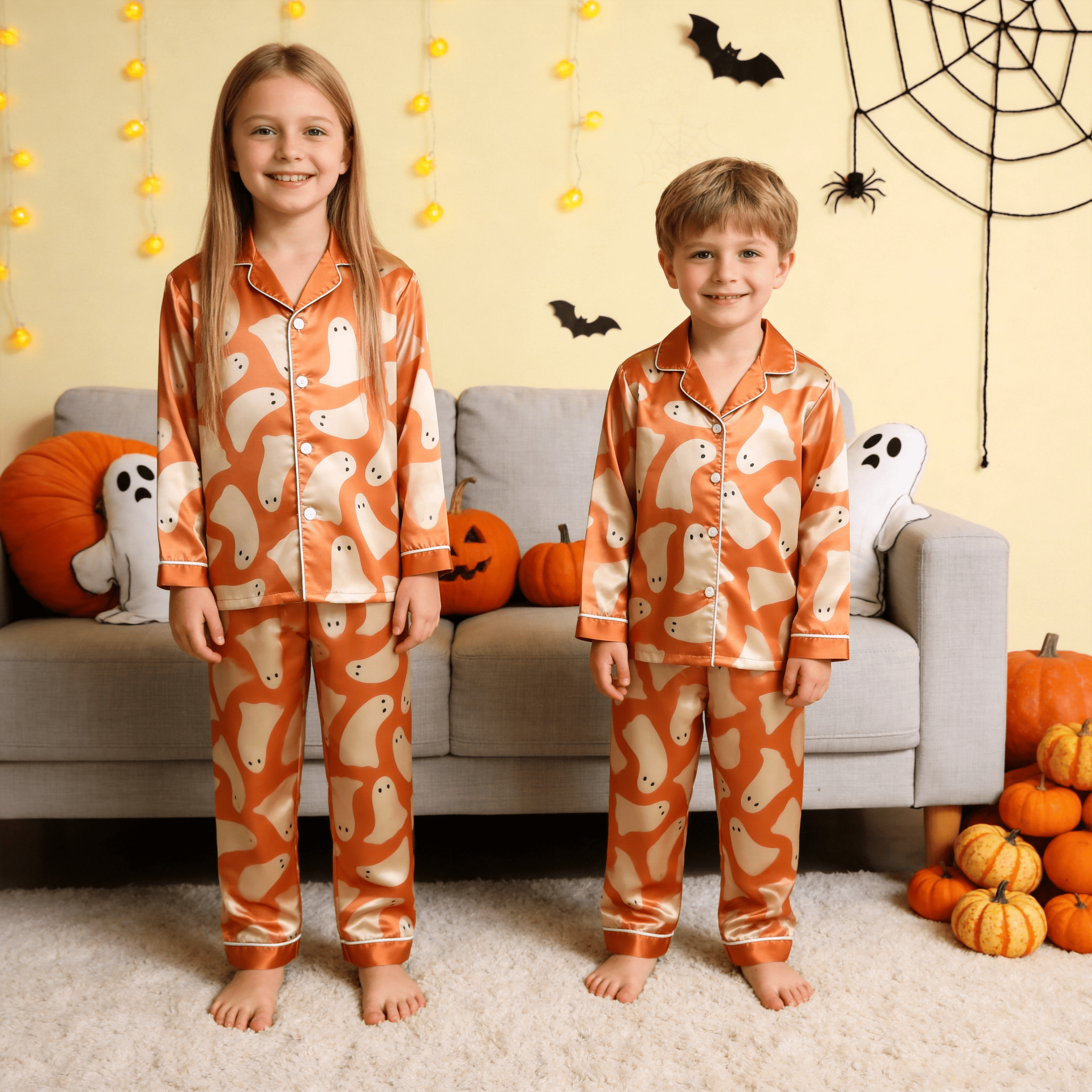 Orange Ghost Print Satin Button-Up Family Halloween Pajamas Set