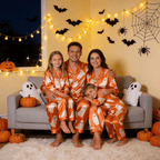 Orange Ghost Print Satin Button-Up Family Halloween Pajamas Set