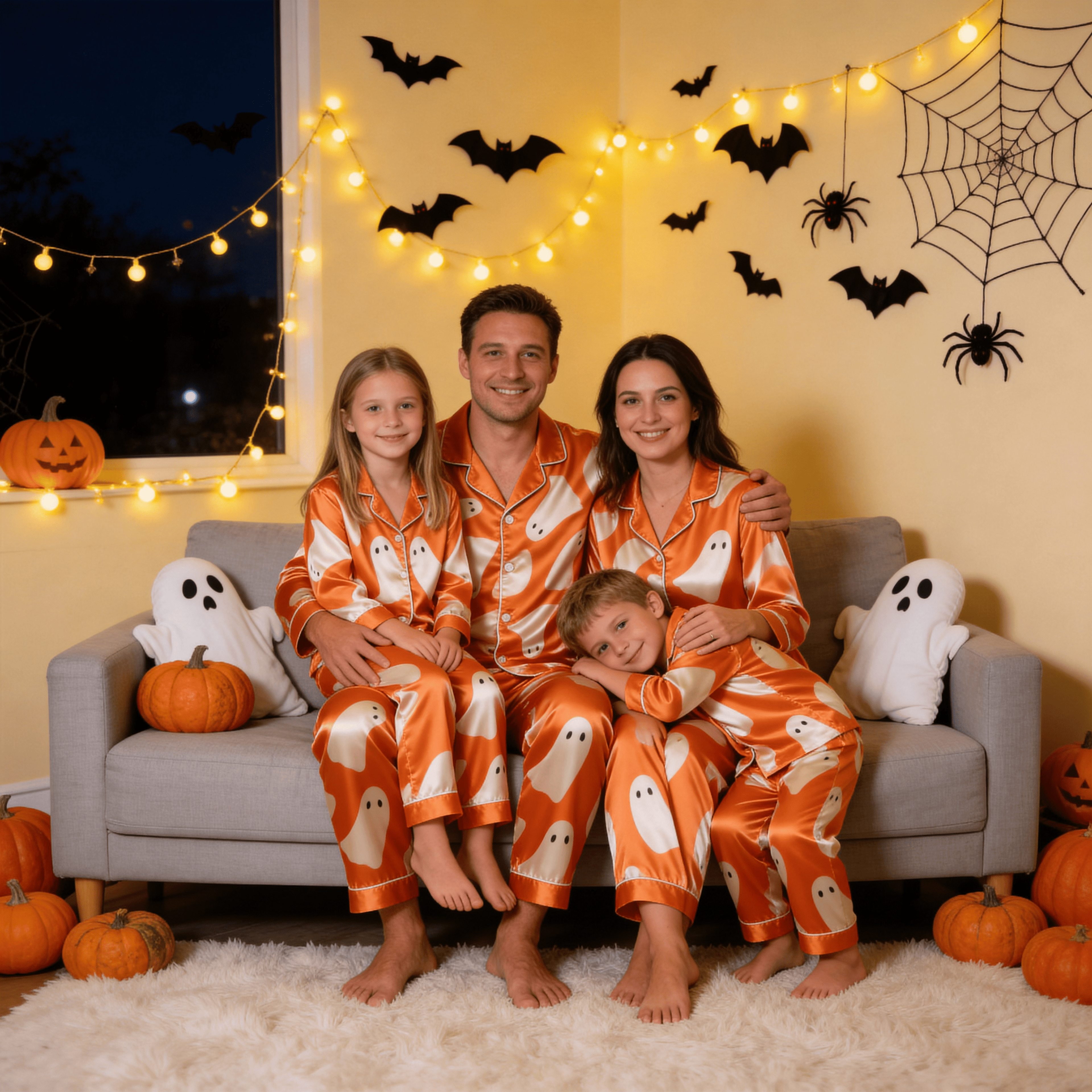 Orange Ghost Print Satin Button-Up Family Halloween Pajamas Set