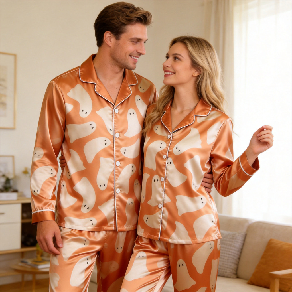 Ghost Print Satin Matching Pajamas for Couples ¨C Long Sleeve Button-Down Top & Pants Sleepwear Set