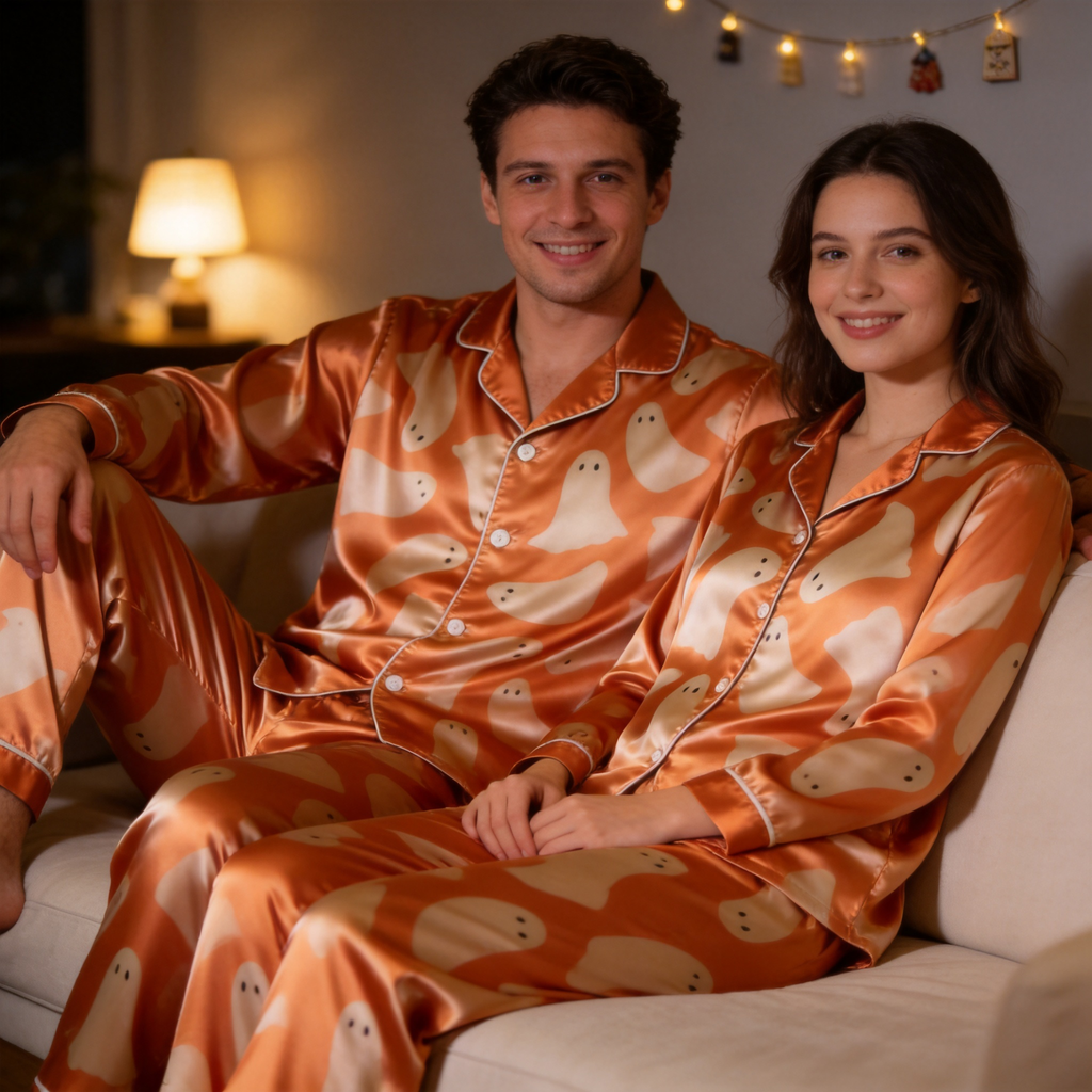 Ghost Print Satin Matching Pajamas for Couples ¨C Long Sleeve Button-Down Top & Pants Sleepwear Set