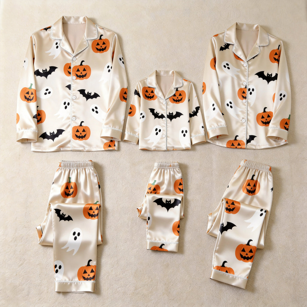 Cream Pumpkin Ghost & Bat Print Satin Button-Up Family Halloween Pajamas Set