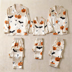 Cream Pumpkin Ghost & Bat Print Satin Button-Up Family Halloween Pajamas Set