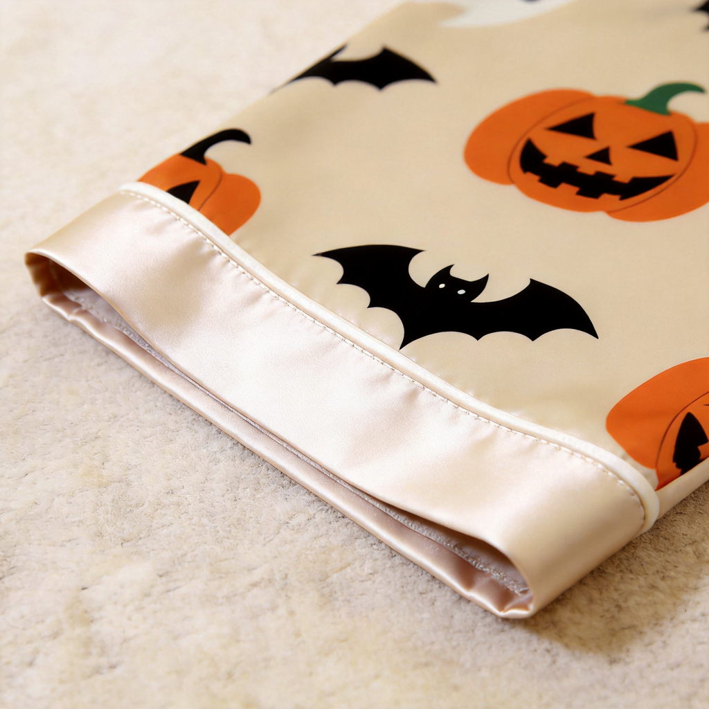 Cream Pumpkin Ghost & Bat Print Satin Button-Up Family Halloween Pajamas Set