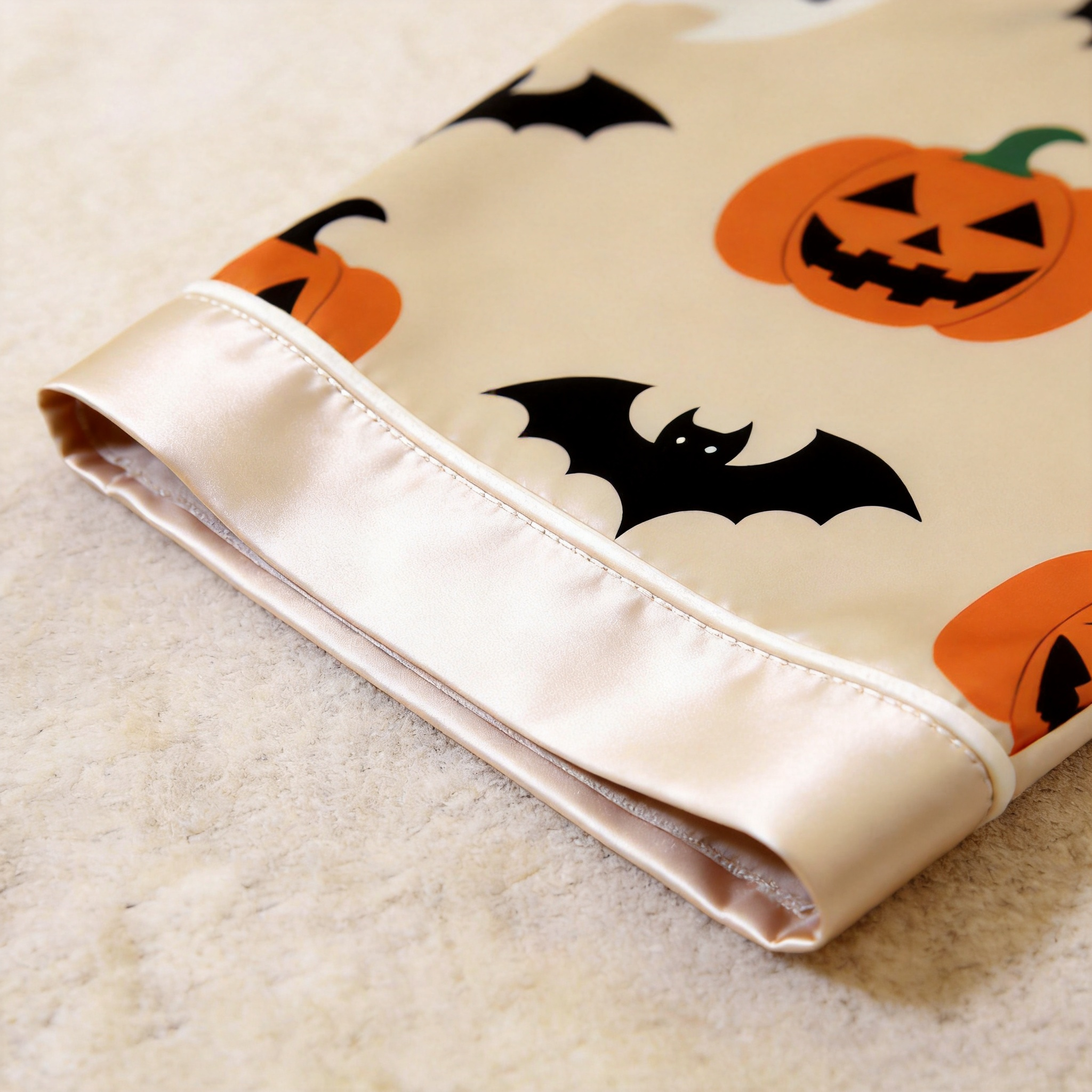 Cream Pumpkin Ghost & Bat Print Satin Button-Up Family Halloween Pajamas Set
