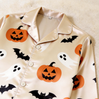 Cream Pumpkin Ghost & Bat Print Satin Button-Up Family Halloween Pajamas Set