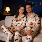 Halloween Pumpkin and Ghost Satin Matching Pajamas for Couples ¨C Long Sleeve Button-Down Top & Pants Sleepwear Set