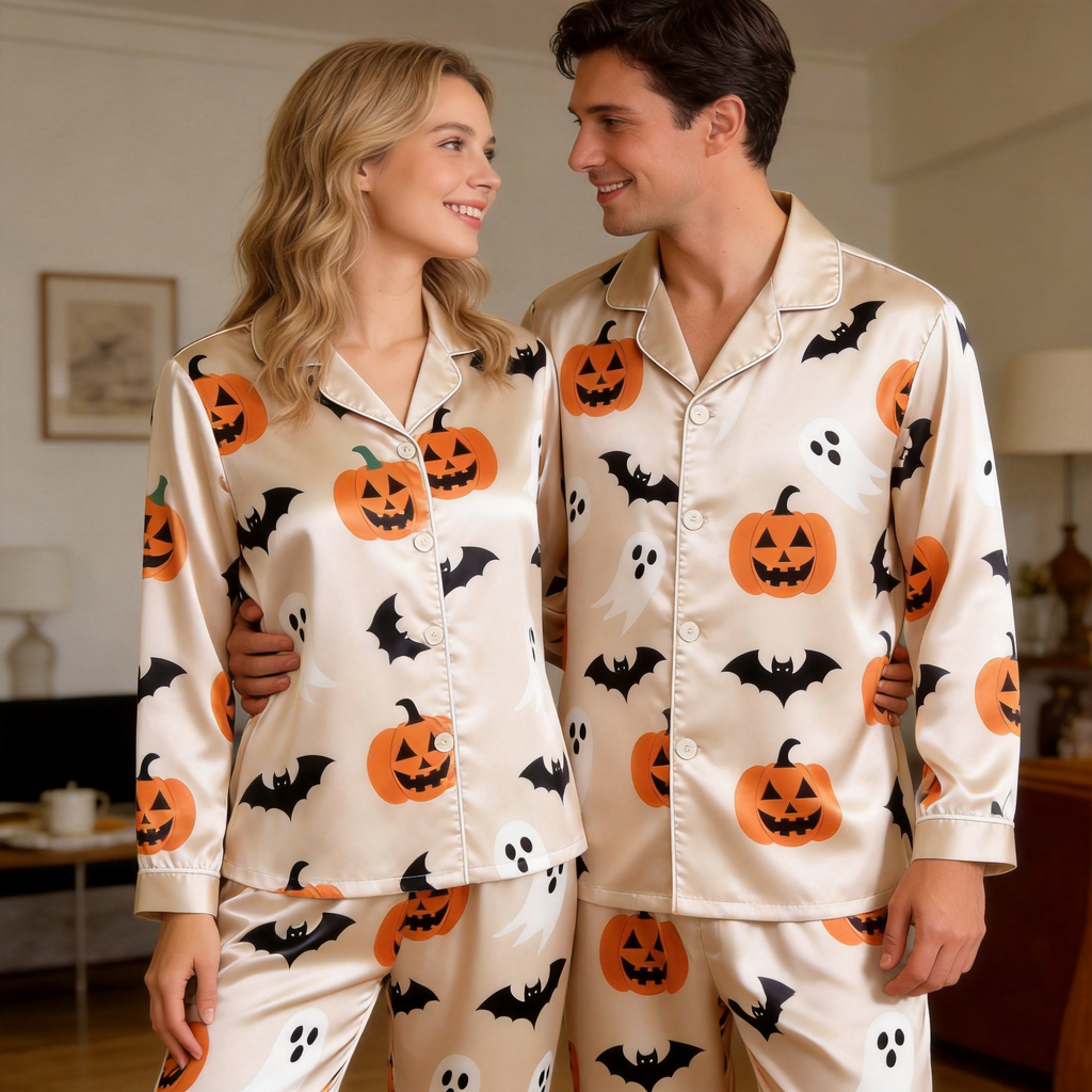 Halloween Pumpkin and Ghost Satin Matching Pajamas for Couples ¨C Long Sleeve Button-Down Top & Pants Sleepwear Set