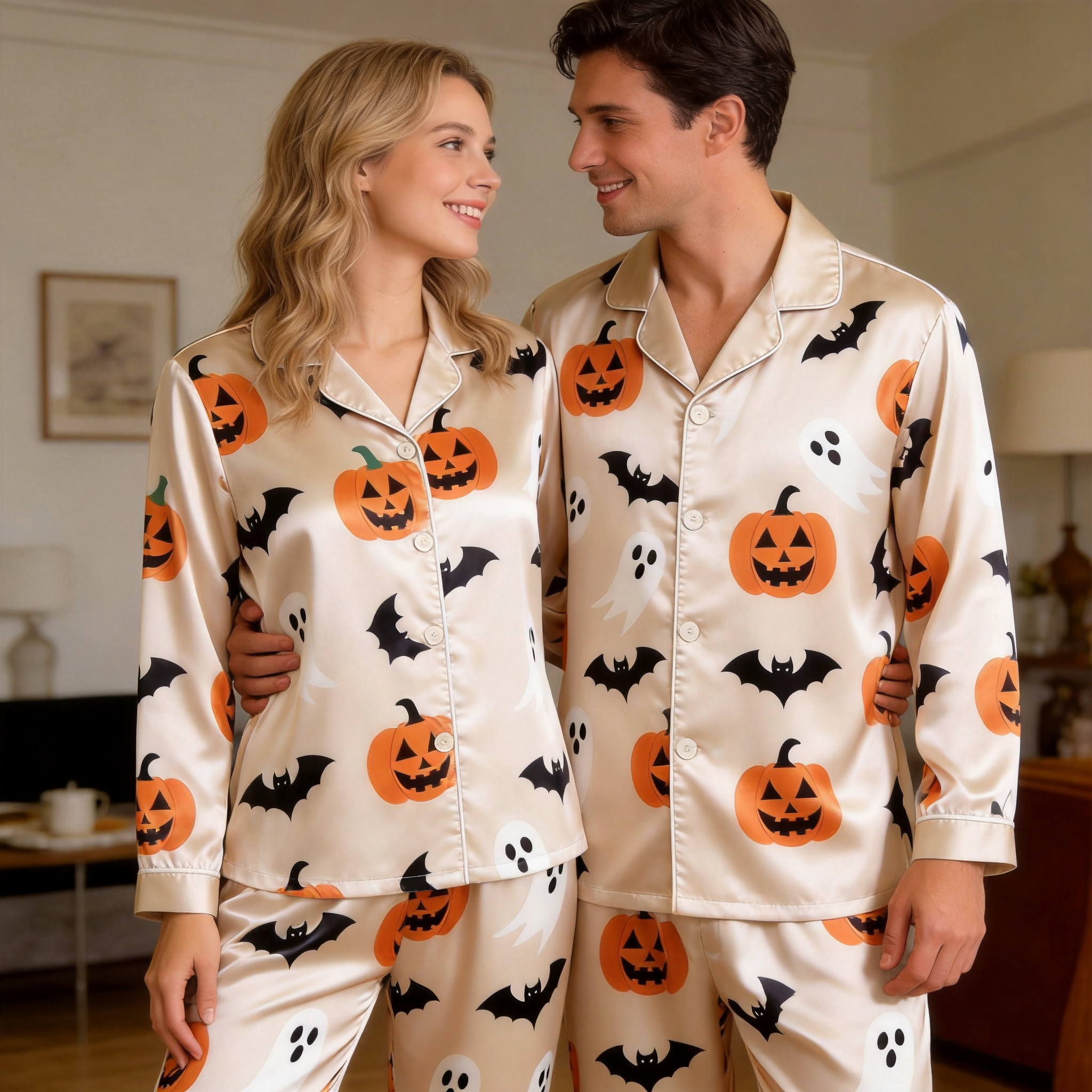 Halloween Pumpkin and Ghost Satin Matching Pajamas for Couples ¨C Long Sleeve Button-Down Top & Pants Sleepwear Set