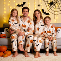Cream Pumpkin Ghost & Bat Print Satin Button-Up Family Halloween Pajamas Set
