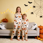 Cream Pumpkin Ghost & Bat Print Satin Button-Up Family Halloween Pajamas Set