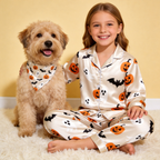 Cream Pumpkin Ghost & Bat Print Satin Button-Up Family Halloween Pajamas Set