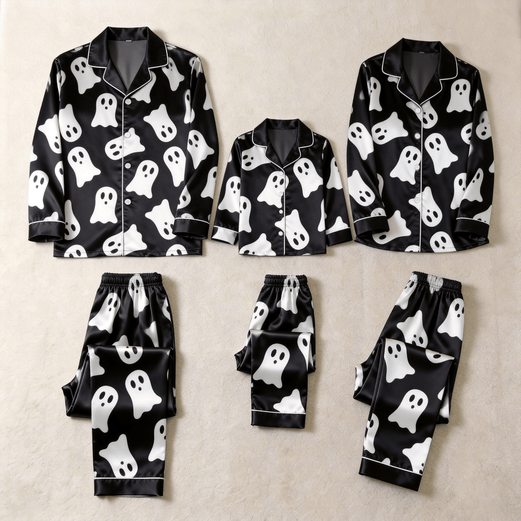 Black Ghost Print Satin Button-Up Family Halloween Pajamas Set
