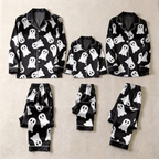 Black Ghost Print Satin Button-Up Family Halloween Pajamas Set