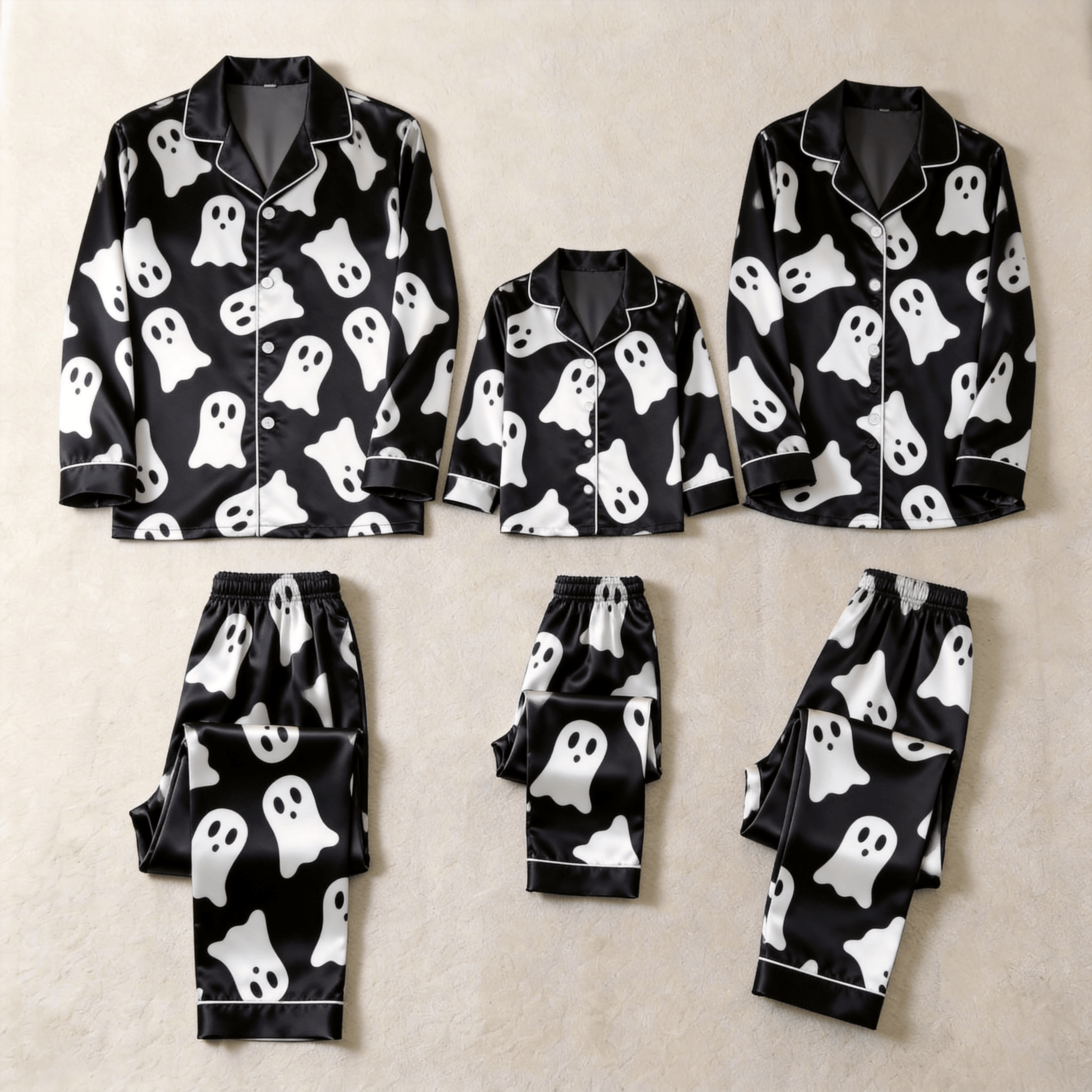 Black Ghost Print Satin Button-Up Family Halloween Pajamas Set