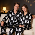 Ghost Pattern Satin Matching Pajamas for Couples ¨C Long Sleeve Button-Down Top & Pants Sleepwear Set