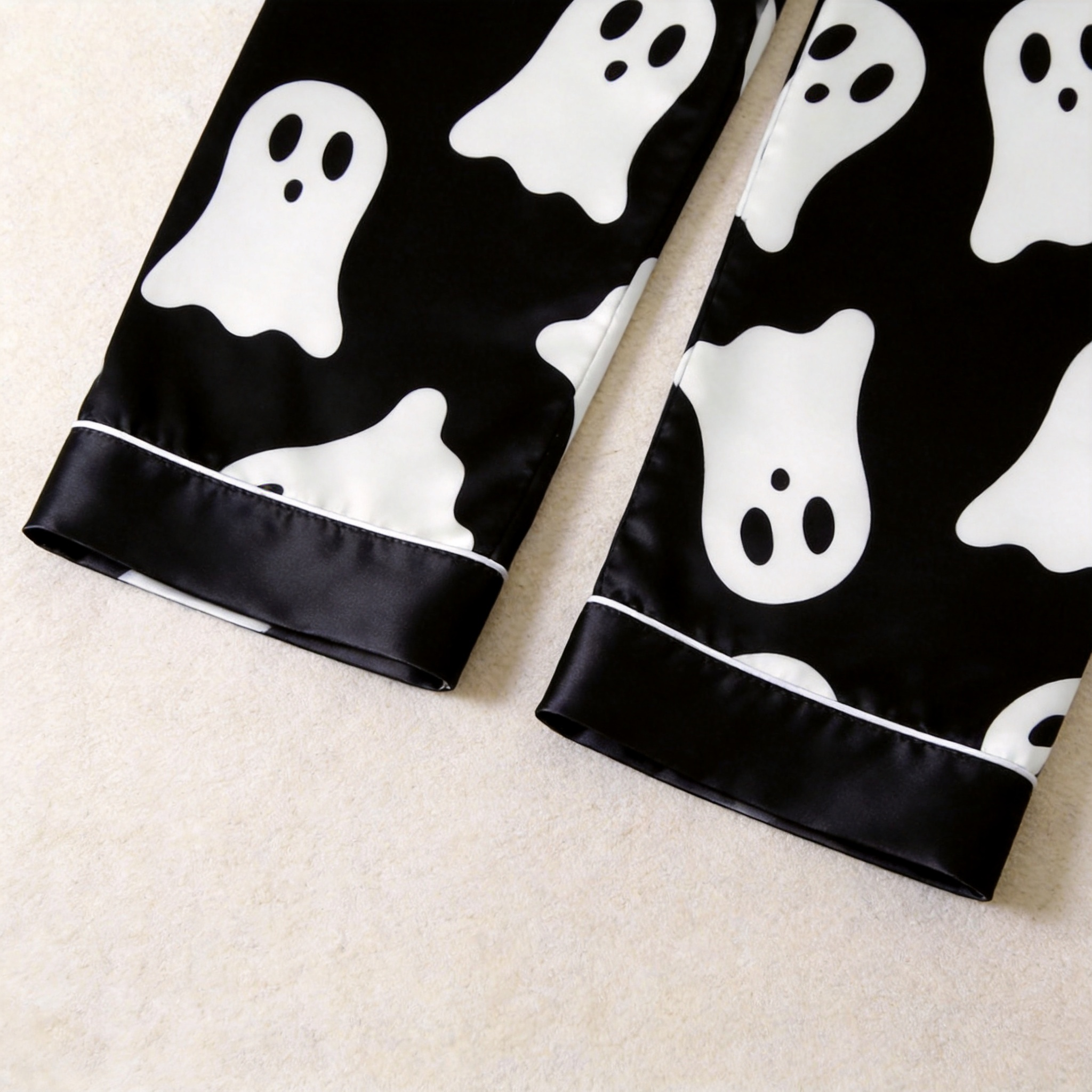 Ghost Pattern Satin Matching Pajamas for Couples ¨C Long Sleeve Button-Down Top & Pants Sleepwear Set