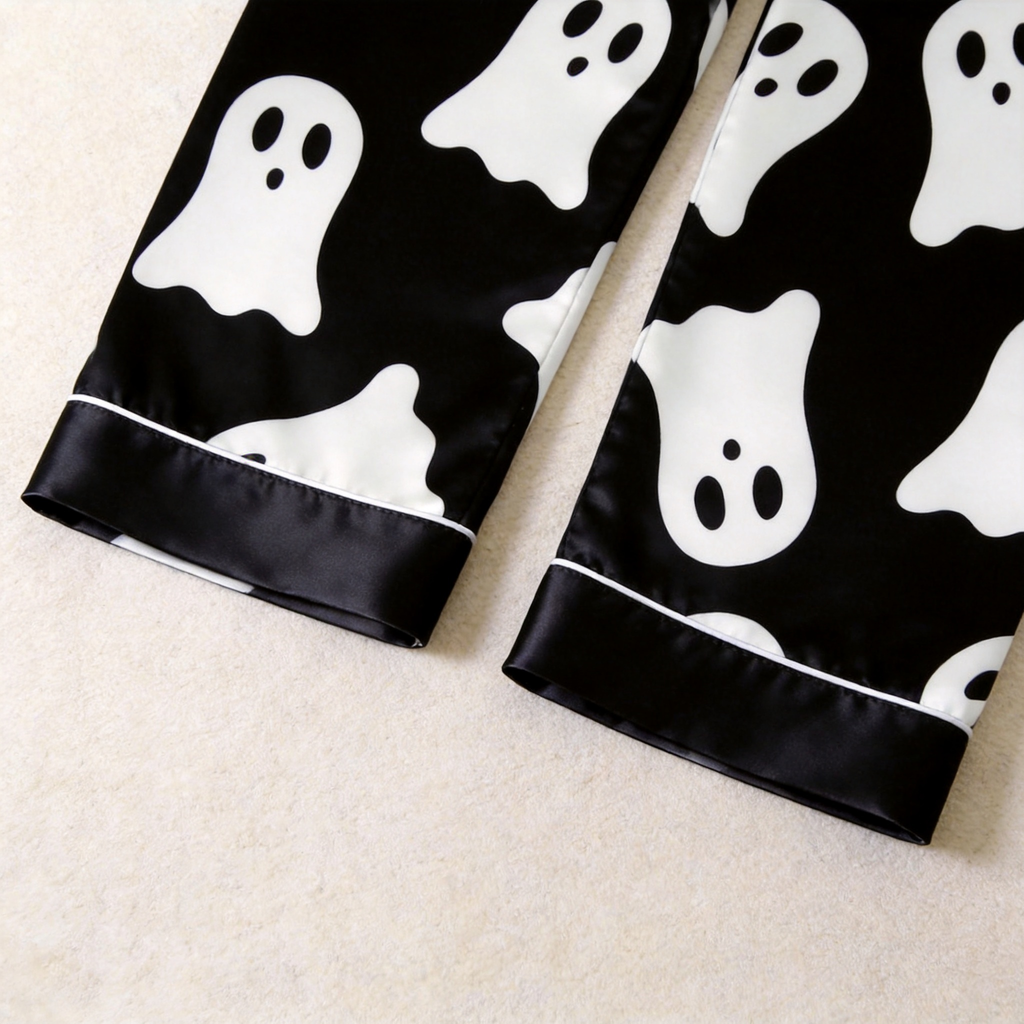 Black Ghost Print Satin Button-Up Family Halloween Pajamas Set