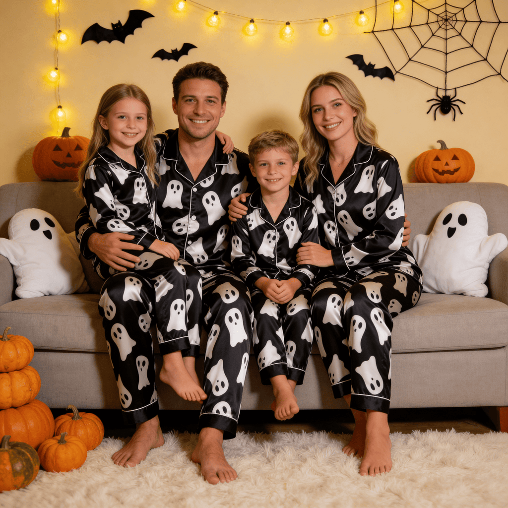 Black Ghost Print Satin Button-Up Family Halloween Pajamas Set