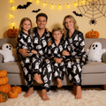 Black Ghost Print Satin Button-Up Family Halloween Pajamas Set