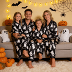 Black Ghost Print Satin Button-Up Family Halloween Pajamas Set
