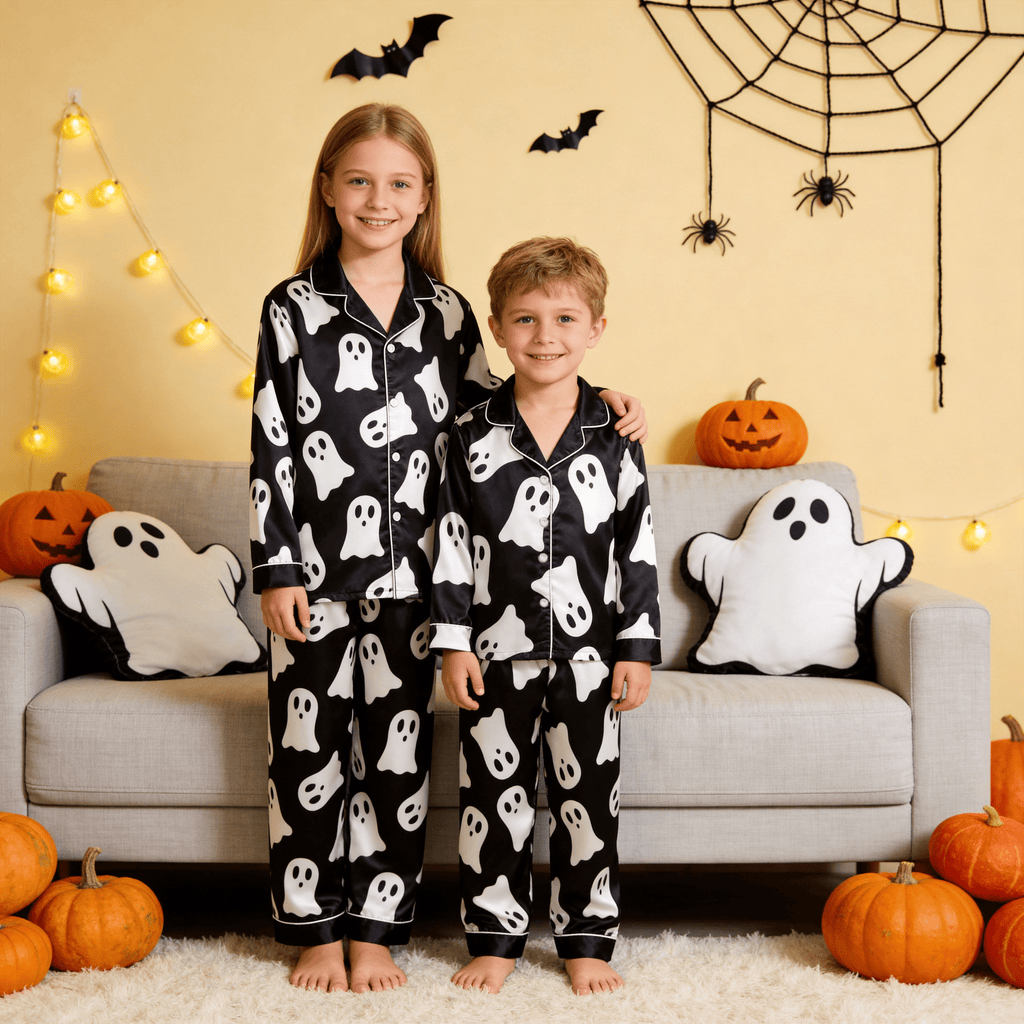 Black Ghost Print Satin Button-Up Family Halloween Pajamas Set