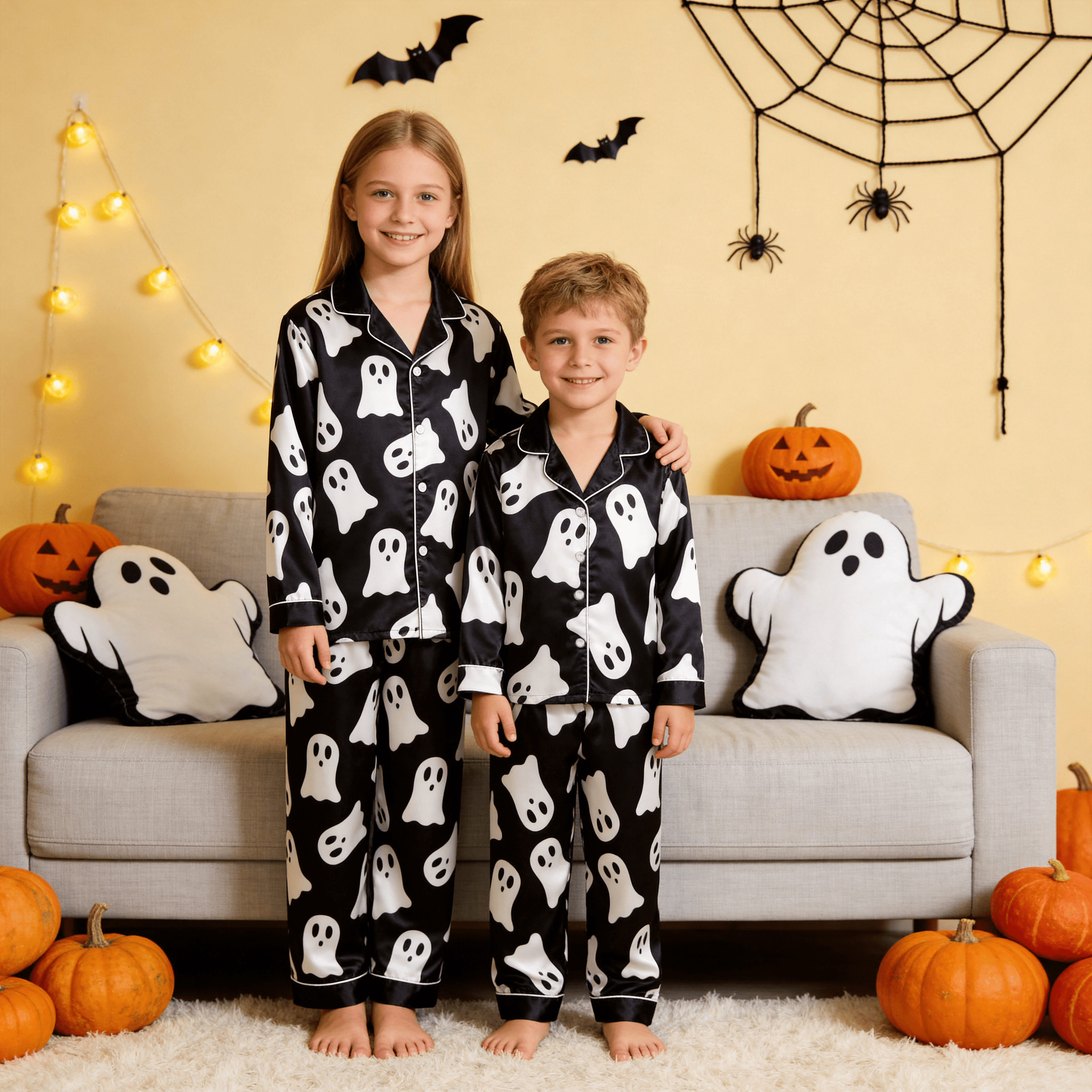 Black Ghost Print Satin Button-Up Family Halloween Pajamas Set