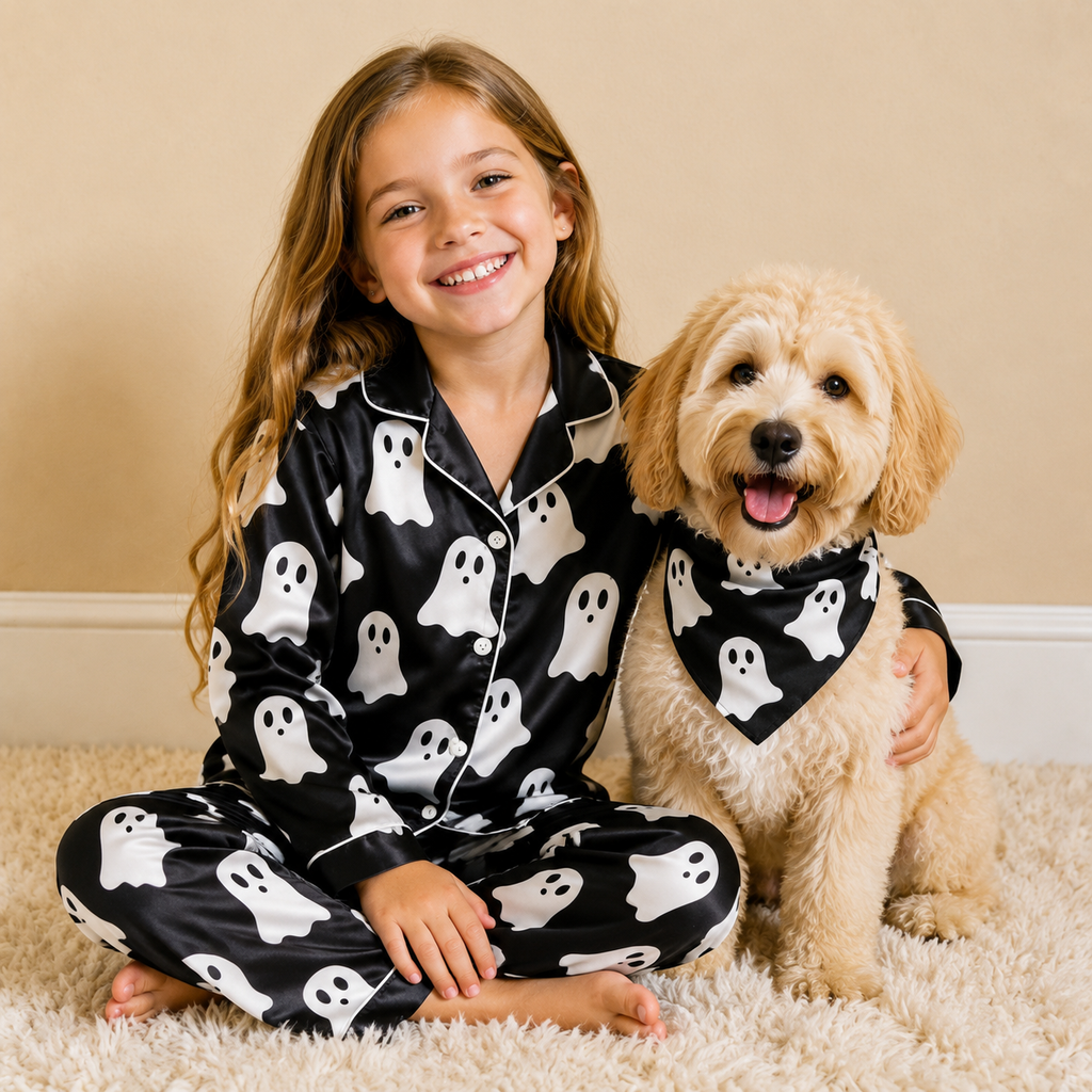Black Ghost Print Satin Button-Up Family Halloween Pajamas Set