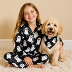 Black Ghost Print Satin Button-Up Family Halloween Pajamas Set