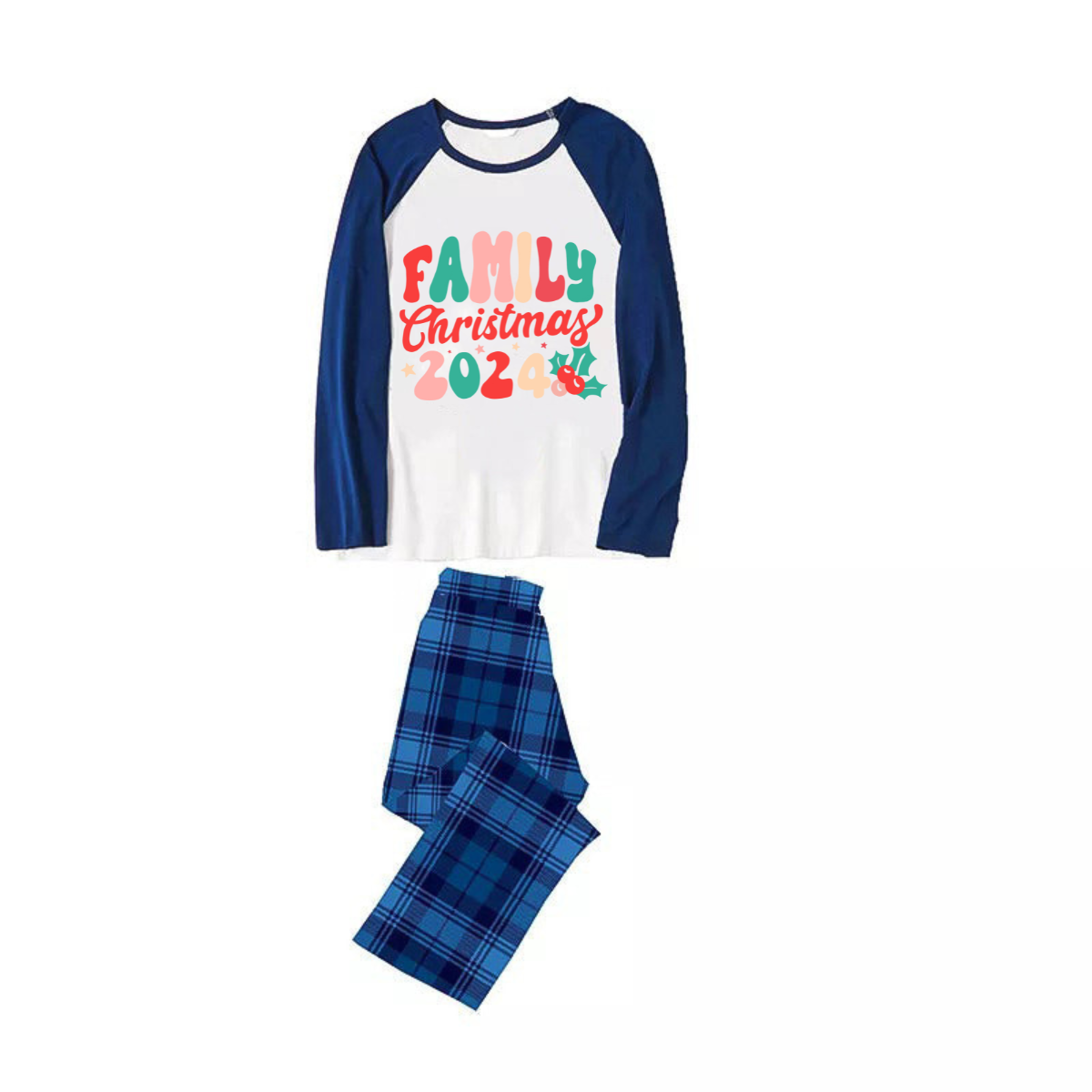 Christmas ' Family Christmas 2024' Letter Print Patterned Casual Long Sleeve Sweatshirts Blue Sleeve Contrast Tops and Blue Plaid Pants Family Matching Pajamas Sets With Dog Bandan