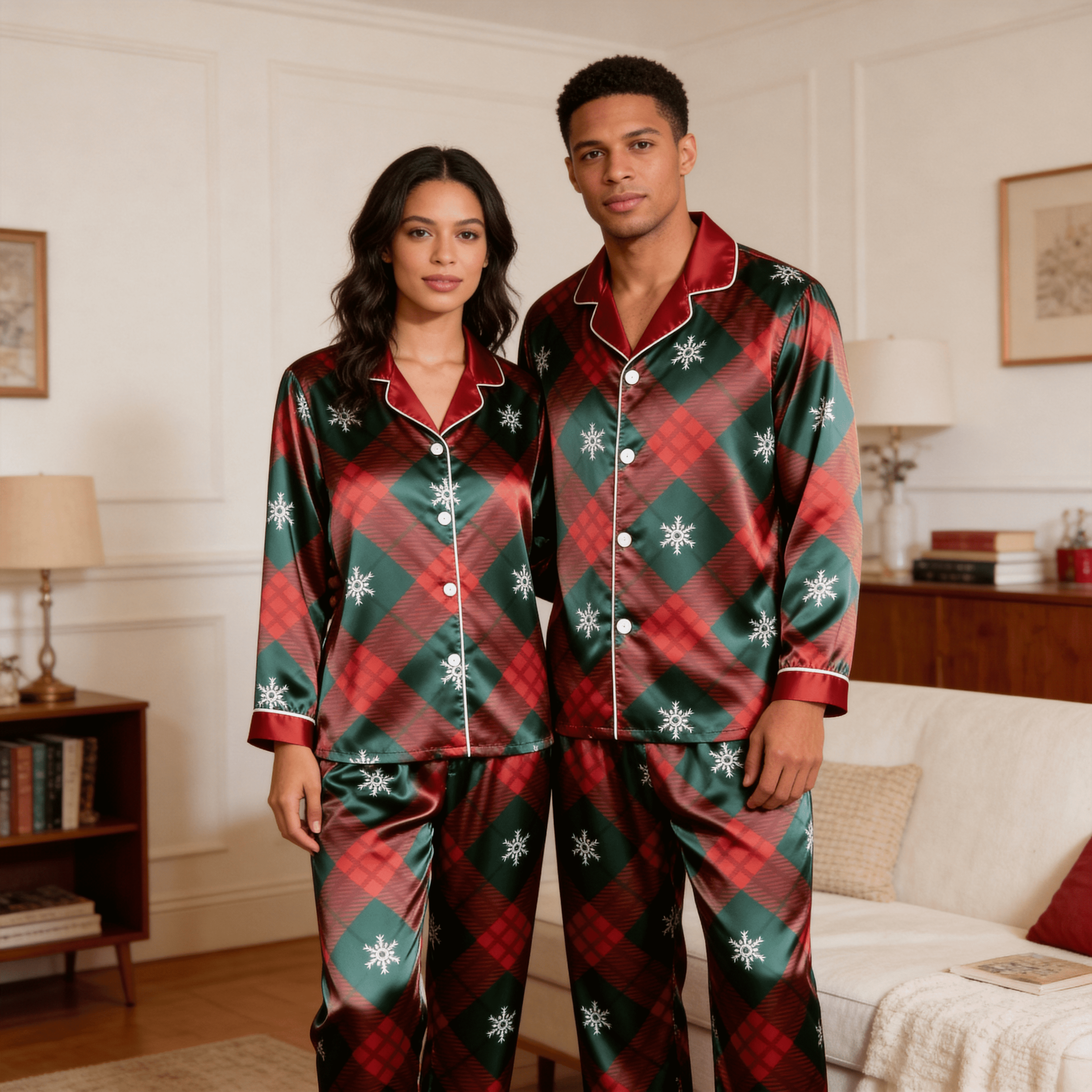 Holiday Snowflake Plaid Satin Matching Pajamas for Couples – Long Sleeve Button-Down Top & Pants Sleepwear Set