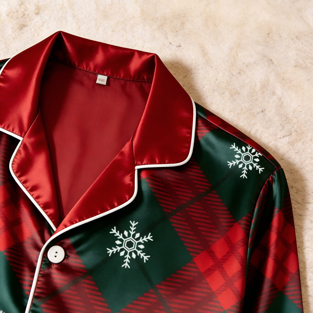 Holiday Snowflake Plaid Satin Matching Pajamas for Couples – Long Sleeve Button-Down Top & Pants Sleepwear Set