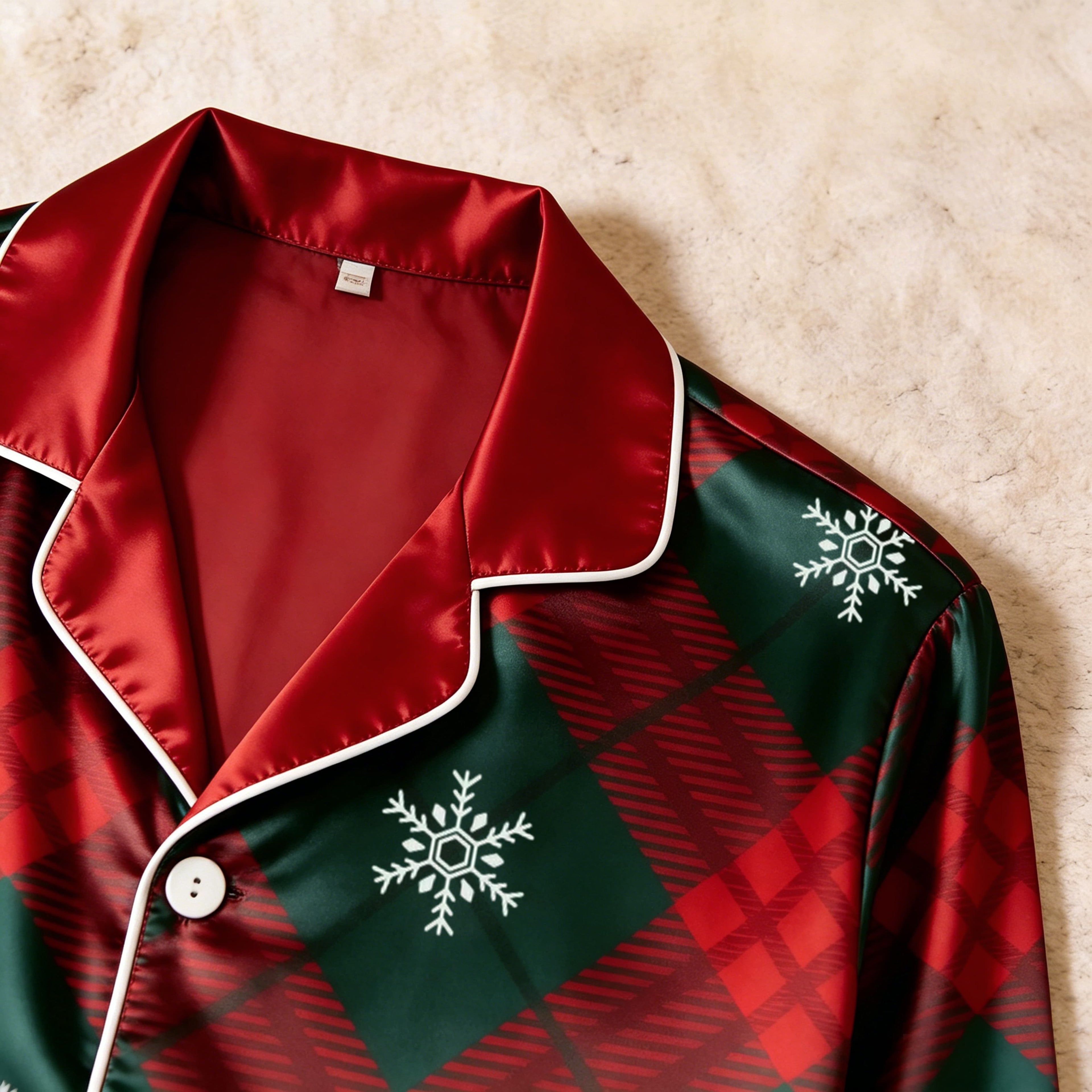 Holiday Snowflake Plaid Satin Matching Pajamas for Couples – Long Sleeve Button-Down Top & Pants Sleepwear Set