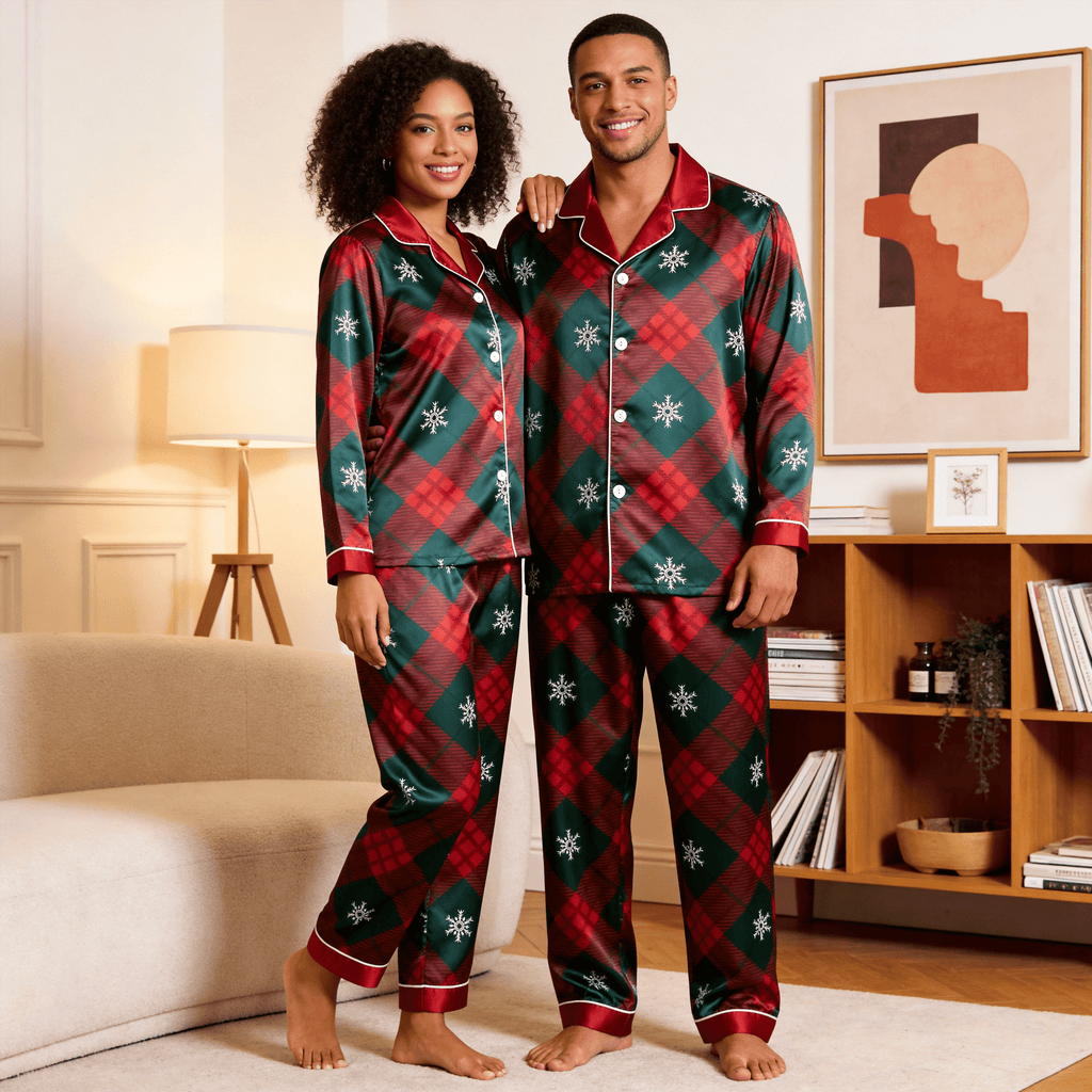 Holiday Snowflake Plaid Satin Matching Pajamas for Couples – Long Sleeve Button-Down Top & Pants Sleepwear Set