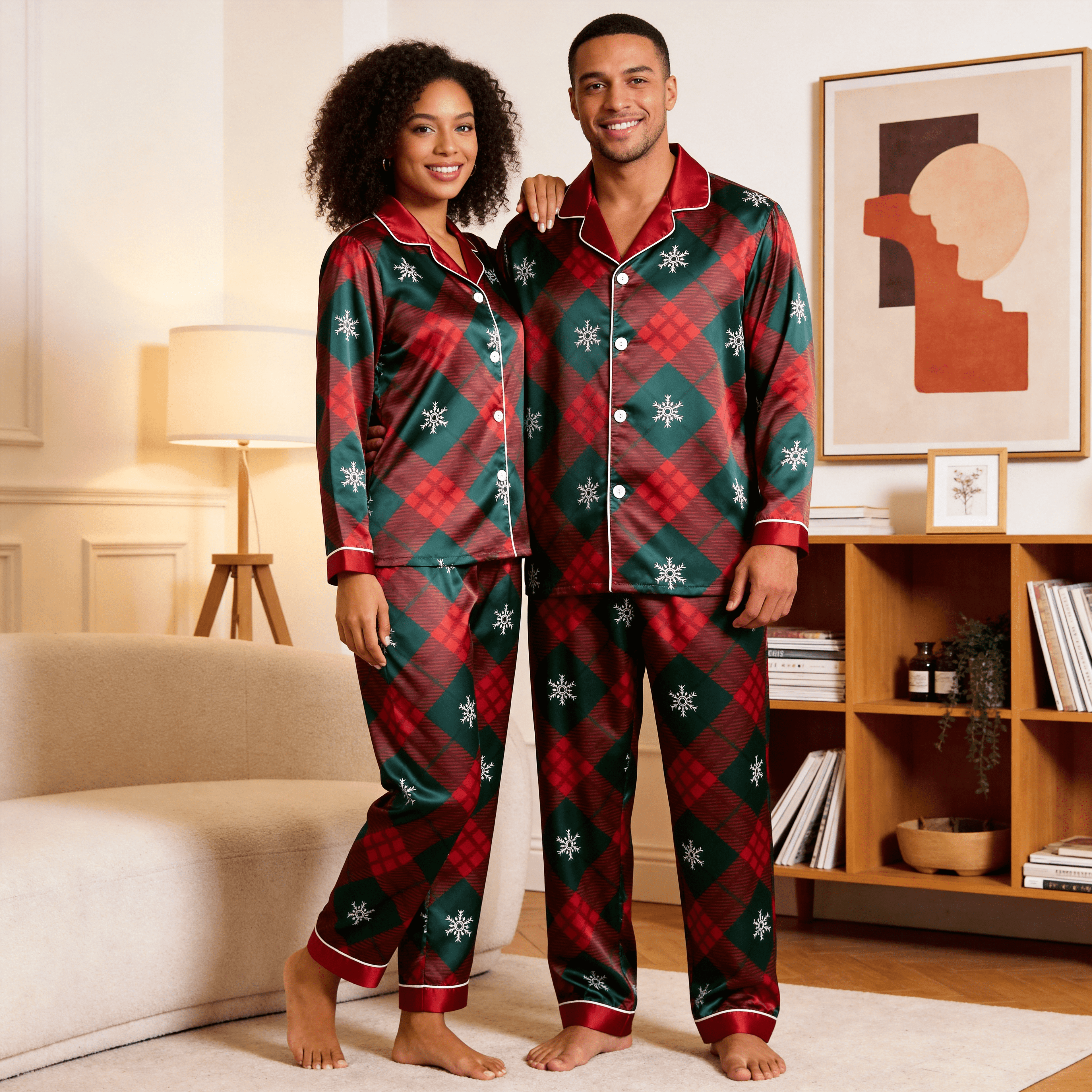 Holiday Snowflake Plaid Satin Matching Pajamas for Couples – Long Sleeve Button-Down Top & Pants Sleepwear Set