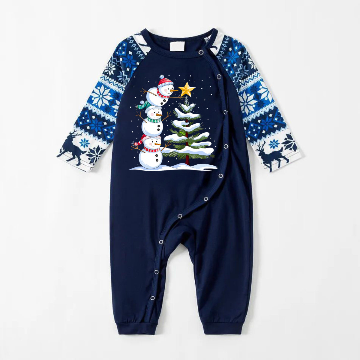 Joyful Blue Christmas Pajamas Set with Snowman & Christmas Tree Print