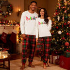 Christmas 2026"Believe" Letter White Long Sleeve Top with Red & Green Plaid Pants Couple Matching Pajamas